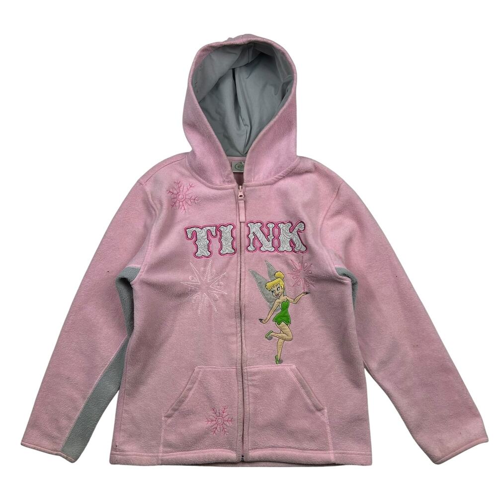 Y2K Disney Fairies Tinker Bell TINK Pink Fleece Zip Hoodie Jacket Embroidered